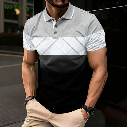 Summer men's polo men's casual short-sleeved polo shirt with striped color block design, sporty polo style collar polo shirt for