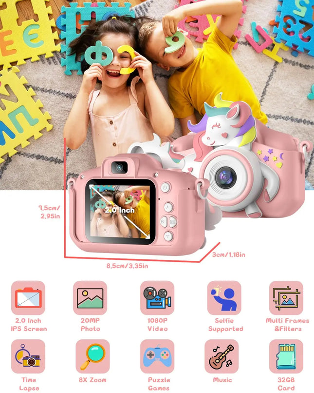 Kids Mini Camera 20.0 MP 1080P HD Digital Camera 2.0" Screen Camcorder Toy With 32GB Card For 6-12 Years Birthday Gifts