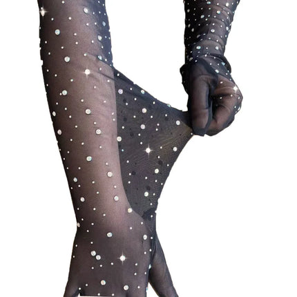 Sexy Shining Flash Drilling Thin Elasticity Lace Fashion Personality Dance Stage Performance Cosplay Women Mesh Long Gloves