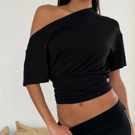 Women Y2K Off Shoulder Short Sleeve Top Ruched Cinched Waist Crop Top Summer Going Out T-Shirt Workout Streetwear