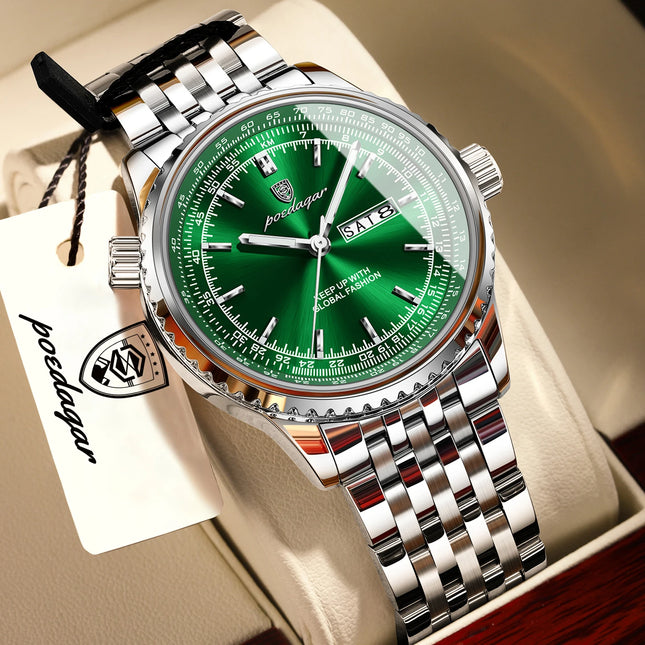 POEDAGAR Fashion Watches For Man Stainless Steel Date Week Quartz Men Clock Waterproof Luminous Luxury Military Men's Wristwatch