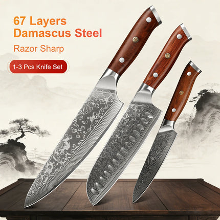 1PCS or 3PCS Kitchen Knife Sets Japanese Forged Damascus Steel Chef Santoku Knives Stainless Steel Rosewood Handle