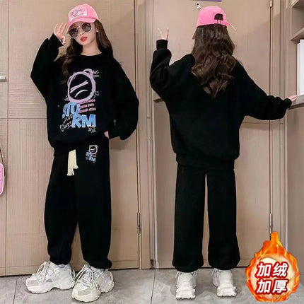 2025 autumn winter girl cloth bear letters loose velvet sweatshirt t shirt top + ankle tied pant teens child set 4 10 12 15 year