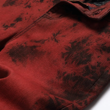 Men's Burgundy Jeans in Asian Sizes, Black Printed Stretch Denim Pants, Stylish Slim-fit Trousers. 28-42