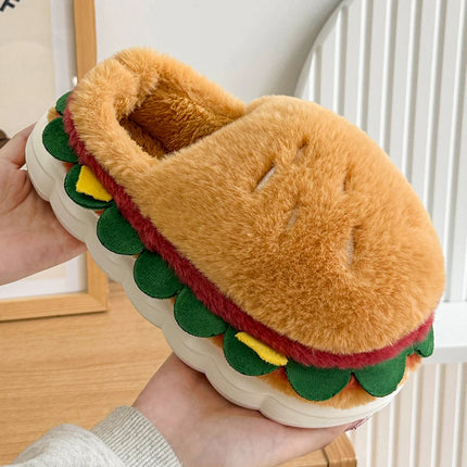 Creative Simulation Hamburger Slippers Women Men Funny Thick Sole Plush Shoes Non-Slip Soft Bottom 3D Cartoon Slides Indoor Home
