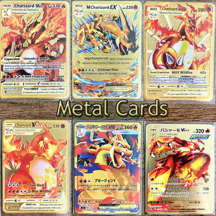 Charizard Theme Metal Collectible Cards Arceus Mewtwo.Super Lehiram ，6Pcs Gold Foil Fan Art Trading Cards Collection Toy Gift