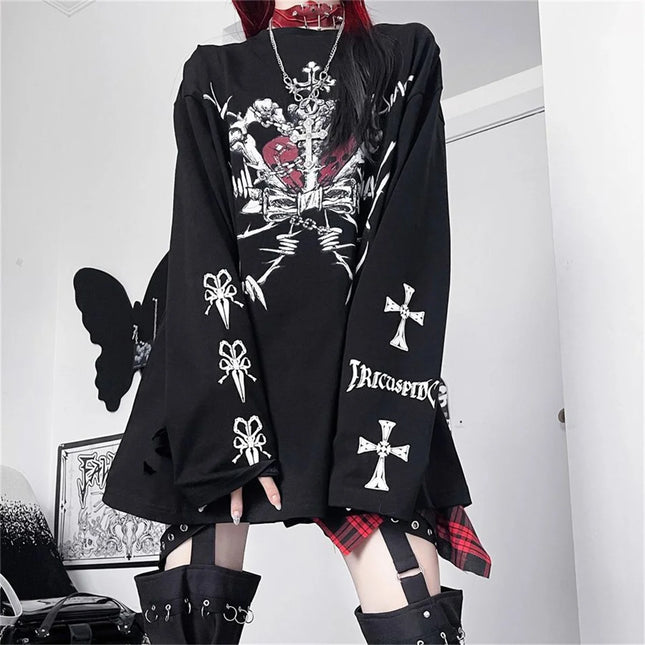 Cute Asian Trendy Brand Skull Print Subculture Dark Punk Top 2026 Early Autumn Women New Loose Y2k Style Long Sleeve T-shirt