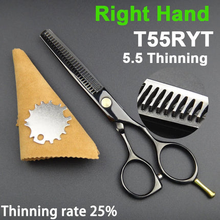 Japan 440C Titanium Qlating Barber Professional Scissors for Hairdresser 5.5 / 6.0 Cutting Thinning Black Hair Scissor Shears