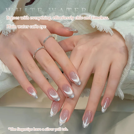 Icy Clear White Cat Eye Nail Polish Gel, French Porcelain White with Glitter and Glass Bead Outline, Cat Eye Nail Art Gel