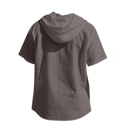 Men's Cotton Linen Shirt, Hooded, Short Sleeve, Solid Color, Breathable, Lightweight, Drawstring Design, Casual Basic Tees
