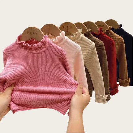 Children's Sweaters Base Tops 1-6Y 2024 Autumn Solid High Elastic Girl's Knit Pullover Kid's Turtleneck Flare Sweater for Girls