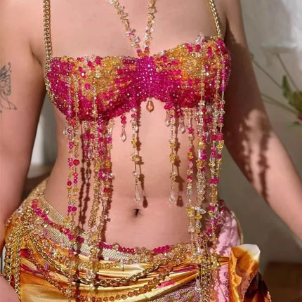 Women's Beading Vest Hollow Out Tops Body Beachwear Lingerie Harness Beaded Bralette Neck Bra Bustier Bra Women Club Rave