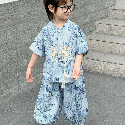 Short Sleeve Tops Shorts 2 Piece Set Boy Outfit Casual Kids Clothes Baby Tang Hanfu Suit Boys Costume Children's Sets Summer