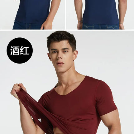 4Pcs Summer Ice Silk Men T-Shirt Vest Men's No Trace Sports Short Sleeve T-shirt Solid V-neck Tees Quick Dry Shirt Tops Fitness