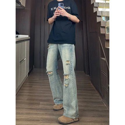 Man Pants Mens Jeans Baggy Jeans Distressed Loose Straight Leg Summer Retro High Street Casual Trousers For Men