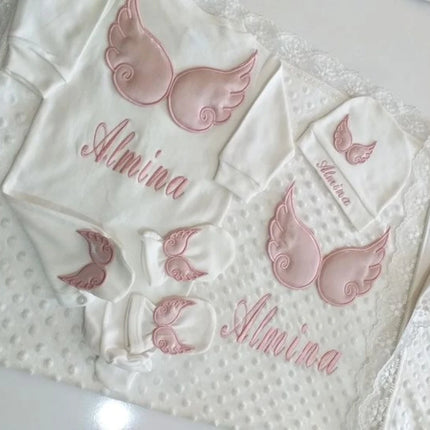 Dollbling Hospital Exit 5pcs Embroidery Name Newborn Angle Wings Romper Blanket  Nursery Bedding Swaddle Handmade Infant Outfit