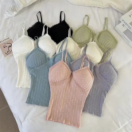 Pure Desire Lace Trim Camisole Tank Top with Chest Pad Summer Slimming Inner Wear Outerwear Beautiful Ba Boting Underwear