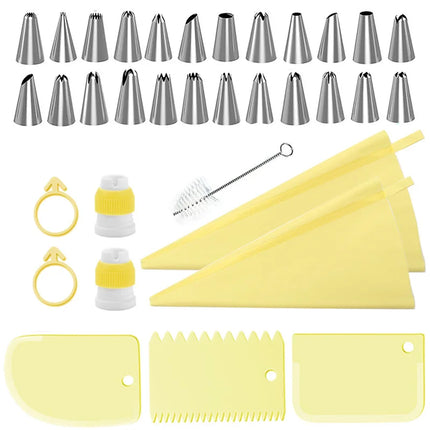34pcs Piping Tips Set with TPU Bags & Scrapers - Icing Nozzles,Converters, Brush Complete Cake Decorating Kit for Beginners