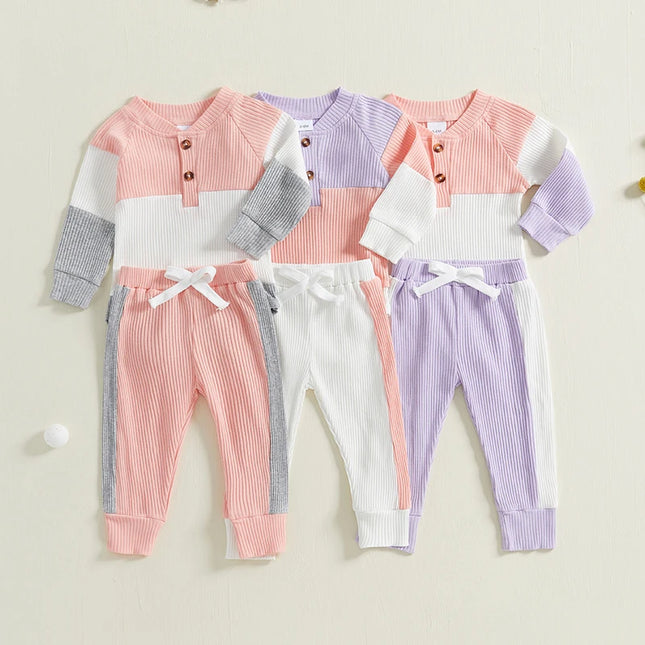 Newborn Infant Baby Girl Clothes Ribbed Knitted Long Sleeve Romper Long Pants Stretchy Fall Outfits