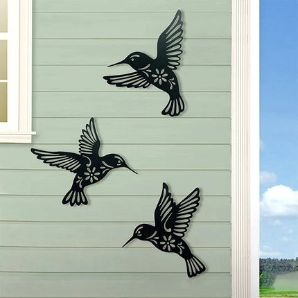 3Pcs/Set Black Metal Hummingbird Wall Decor Hollow Out Iron Art Bird Sculpture Ornament Waterproof Hanging Figurines
