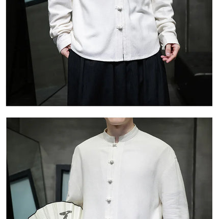 Men Long Sleeve Casual Shirt New Arrival 2026 Spring Chinese Style Vintage Mandarin Collar Loose Male KungFu Tops Shirts N056