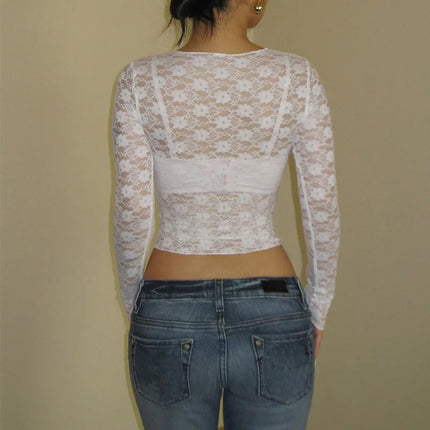 Long Sleeves See Through Lace Crop Top Solid Sexy Bodycon T-Shirt For Women Party Club Autumn Winter Clothes