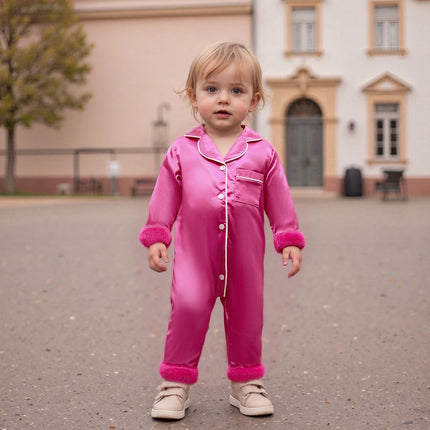 Pudcoco Baby Girl Satin Pajamas Contrast Trim Fur Trim Button Down Lapel V Neck Long Sleeve Romper