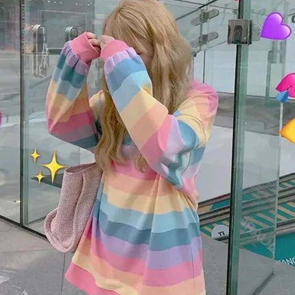 Women's Rainbow Striped Long-Sleeve Hoodless Jacket Harajuku Style Korean Version Loose Thin Shirt for Female Students