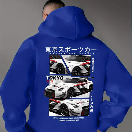 Men's new fashionable car printed casual street style hooded sweatshirt, sports shirt, warm and comfortable top