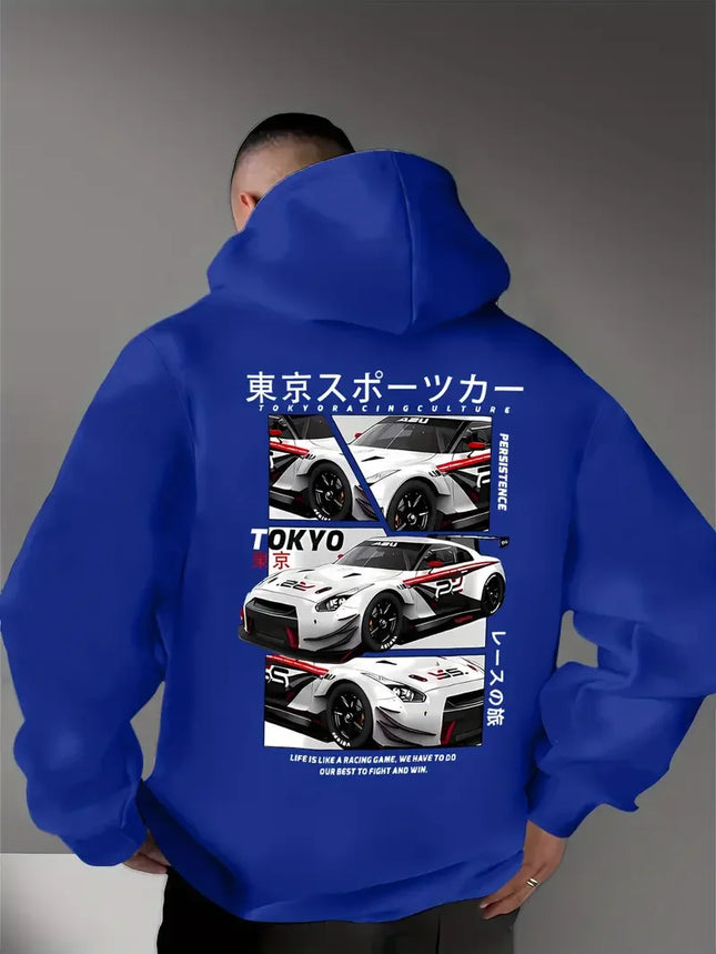 Men's new fashionable car printed casual street style hooded sweatshirt, sports shirt, warm and comfortable top