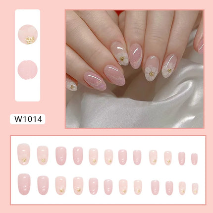 Fresh Flower 24 Pcs Press on Nails Pink Nail polish Glossy Artificial Finger Manicure Reusable False Nails for Women