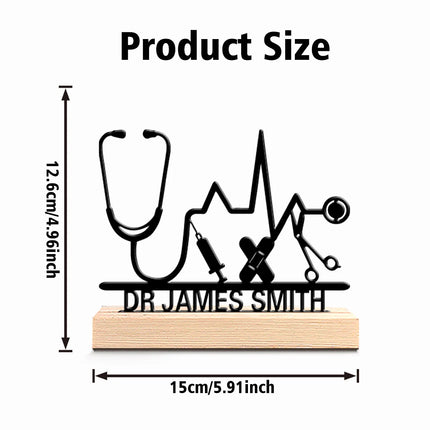 1pc Fashion Personalized Custom Stethoscope Metal Statues Metal Art With Wooden Base Desktop Decorative Art, Office Decoration