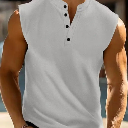 Men's Henley Neck Sleeveless Shirt, Textured Knit Tank Top, Casual Workout & Daily Wear