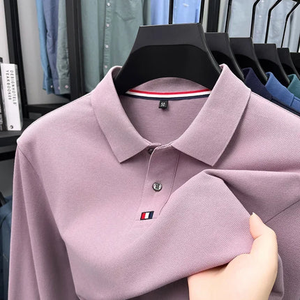 Men's turn-down collar T-shirt, long-sleeved, autumn business style, 100% cotton, casual Polo shirt, men's top, Polo shirt