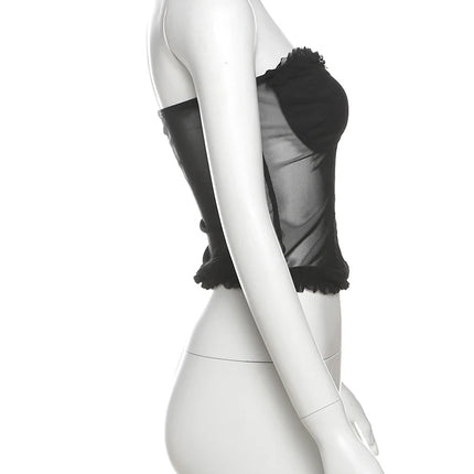 Nibber Folds Sexy Fishbone Strapless Tops Patchwork See Through Skinny Summer Backless Daily Street Versatile Sweet Clothes