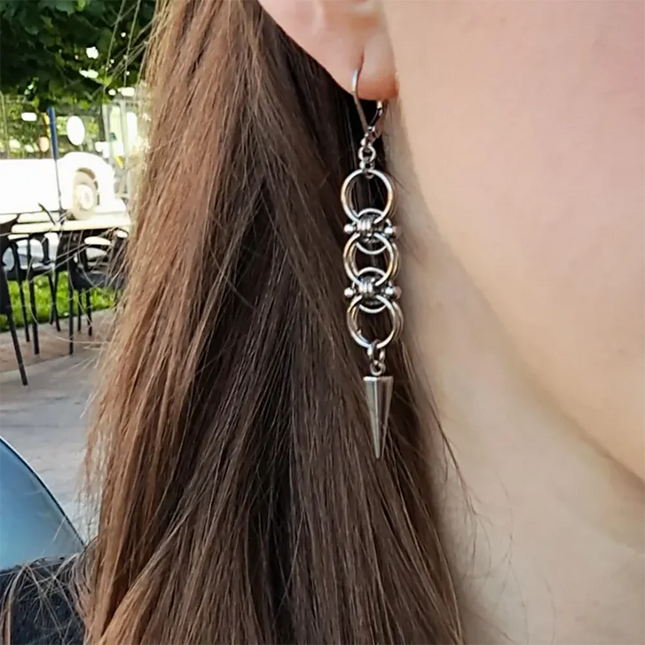 Gothic Punk Handmade Stainless Steel Spike Hoop Earrings for Women Grunge Y2K Byzantine Chainmail Chain Dangle Earrings