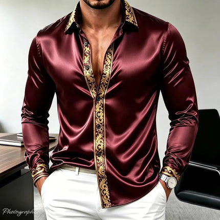 Men's Luxury Satin Silk Shirt Long Sleeve Gold Baroque Print Slim Fit Casual Business Party Dress Shirt Streetwear