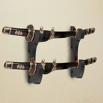 2-tier Wall Mount Wooden Sword Stand Holder Velvet Padded Adjustable Samurai Sword Hook for Tanto Katana Wakizashi Rapier Saber