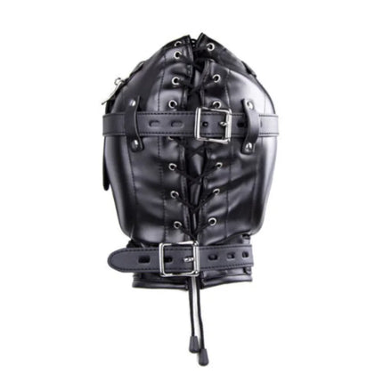PU Leather Sensory Deprivation Head Harness Headgear Open Mouth Gag Removable Funnel Femdom BDSM Restraint Hood Roleplay