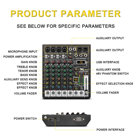 TKLBLS Professional 6-Channel 99DSP Audio Mixer 48V Phantom Power USB Studio Karaoke Bluetooth DJ Console Mixer