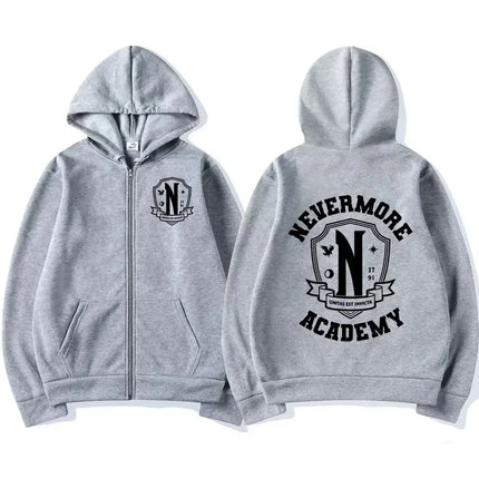 Men Women Nevermore Academy Logo Print Graphic Zipper Hoodie Casual Long Sleeve Harajuku Oversized Zip Up Coats Hoodies
