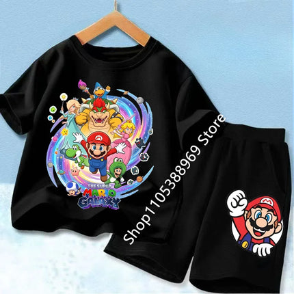 High Quality Kids 2Pcs Set Marios Cartoon Short Sleeve T-Shirt + Elastic Waist Shorts Comfortable Summer Children Clothing Suits