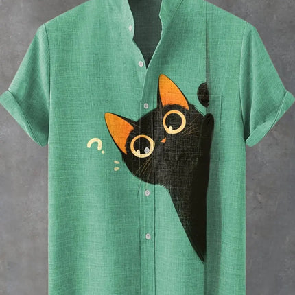 Men's summer fashion linen short sleeved shirt with cartoon cute cat print pattern casual men's top