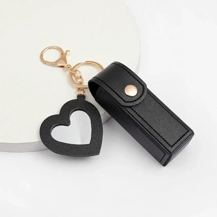 Laser Custom LOGO Portable Leather Lipstick Bag Keychain Personalize Holder Makeup Pouch Lip Balm Protective Cover with Mirror
