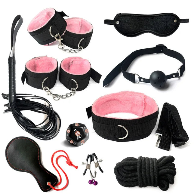10PCS BDSM Bondage Set Restraint System Handcuffs Ankle Cuffs Collar Whip Ball Gag Cotton Rope Nipple Clamps Adult Sex Toy Kit