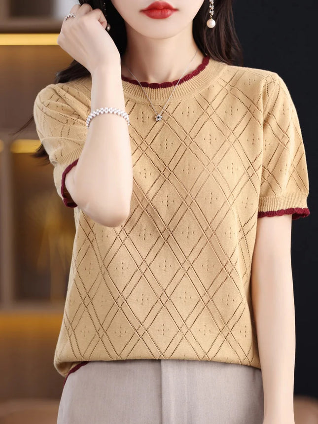 Summer New 100% Cotton Women's T-shirt Casual Solid Color Hollow Out Knit Pullover Short Sleeved Casual Fashion Round Neck Tees