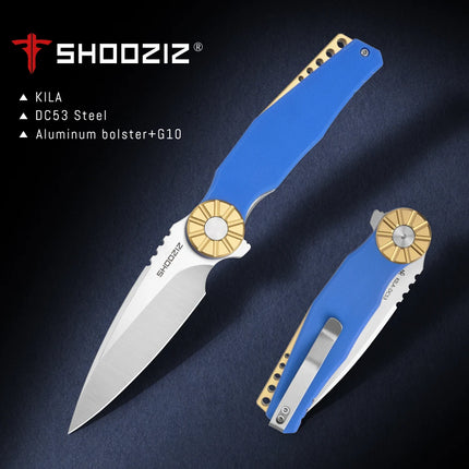 SHOOZIZ KILA Folding Knives - EDC Pocket Knife For Man, Aluminum Bolster, G10 with Clip for Camping, 3.15" DC53 Steel, PVD/Satin