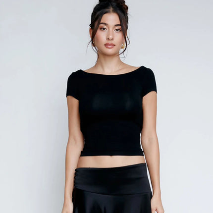 Women's O Neck Short Sleeve Backless Ruched Crop Top Y2K Streetwear Summer Spring Casual T-Shirt Dropshipping