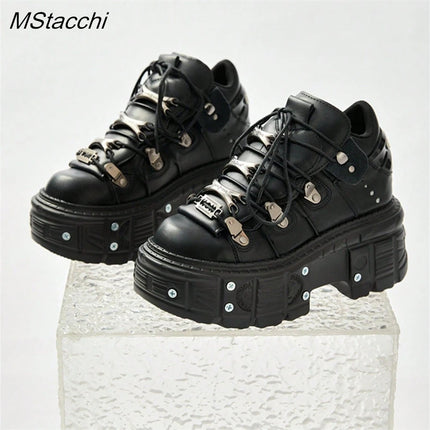 Punk Style Women Black Shoes Rock Metal Decor Lace-up Heel Height Platform Shoes Gothic Man Sneakers Women Ankle Boots 2025 New