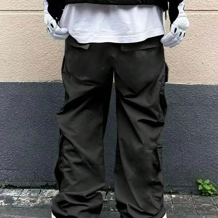 Men's Spring and Autumn Multi-Pocket Cargo Pants with Elastic Waistband and Drawstring Adjustment, Solid Color Multi-Pocket Long Pants Suitable for Outdoor Sports and Leisure